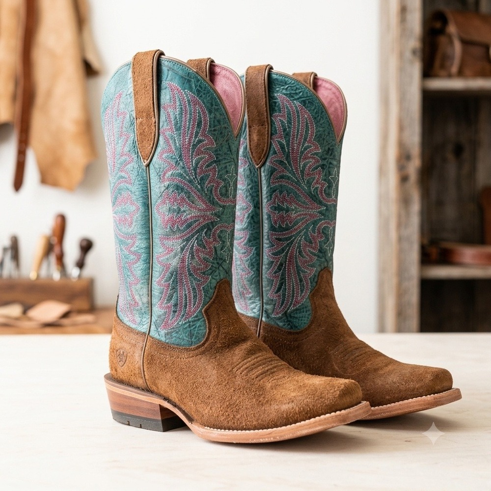 Ariat Women Brown Suede Teal Leather Square Toe Western Cowboy Boots 10080459 7B